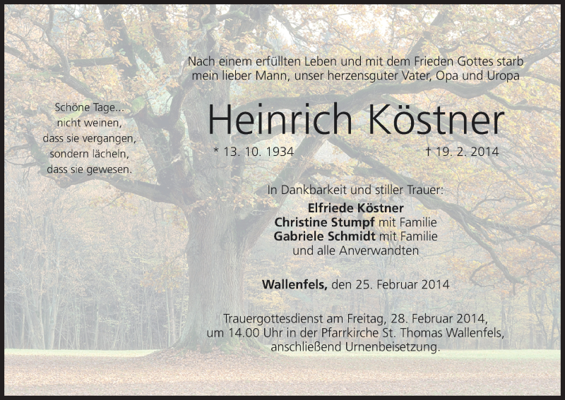  Traueranzeige für Heinrich Kästner vom 25.02.2014 aus MGO