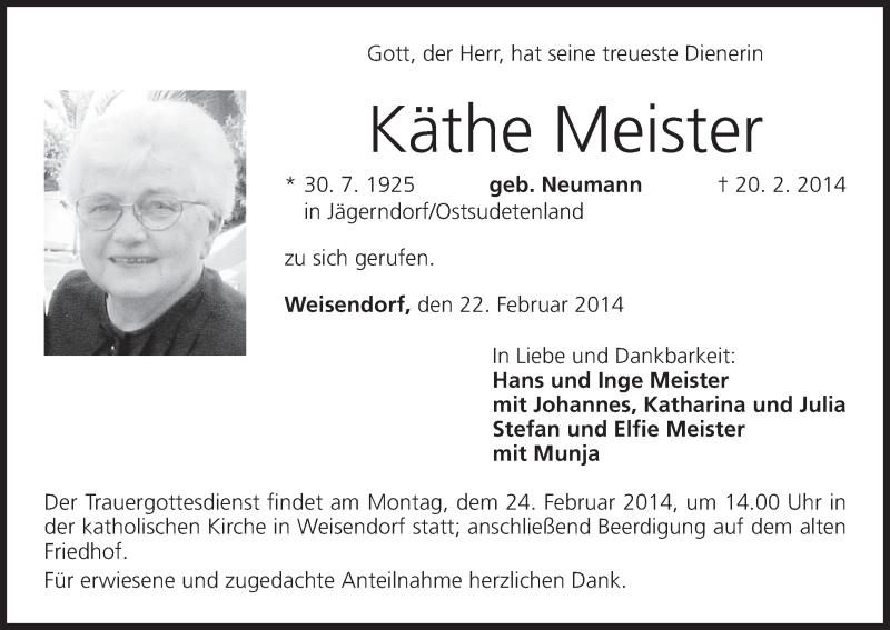  Traueranzeige für Käthe Meister vom 22.02.2014 aus MGO