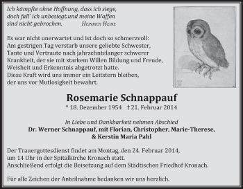 Anzeige von Rosemarie Schnappauf von MGO