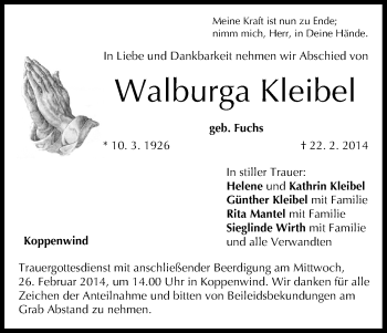 Anzeige von Walburga Kleibel von MGO