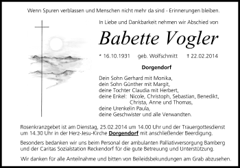 Anzeige von Babette Vogler von MGO