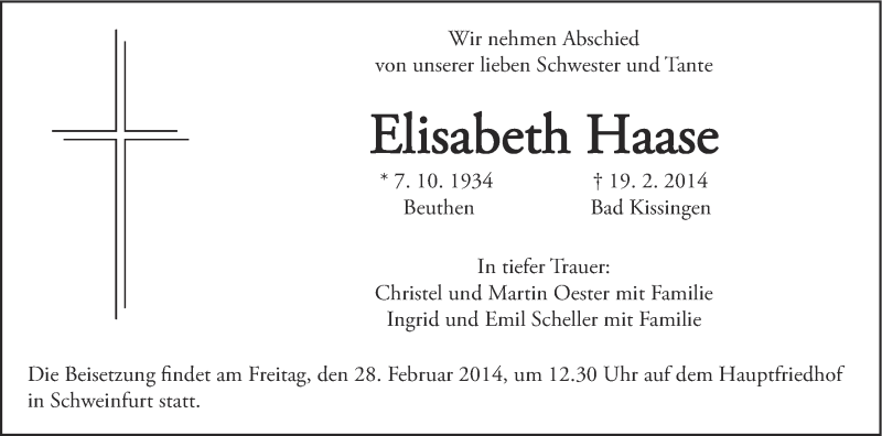  Traueranzeige für Elisabeth Haase vom 26.02.2014 aus MGO
