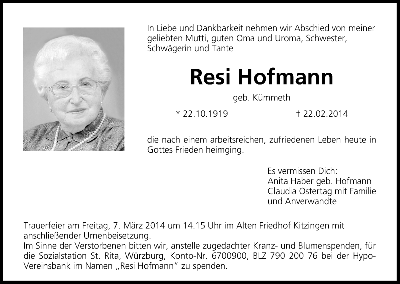  Traueranzeige für Resi Hofmann vom 01.03.2014 aus MGO