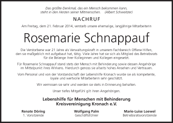 Anzeige von Rosemarie Schnappauf von MGO