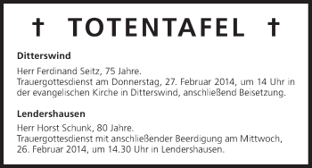 Anzeige von Totentafel vom 26.02.2014 von MGO
