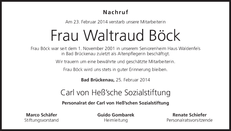  Traueranzeige für Waltraud Böck vom 26.02.2014 aus MGO