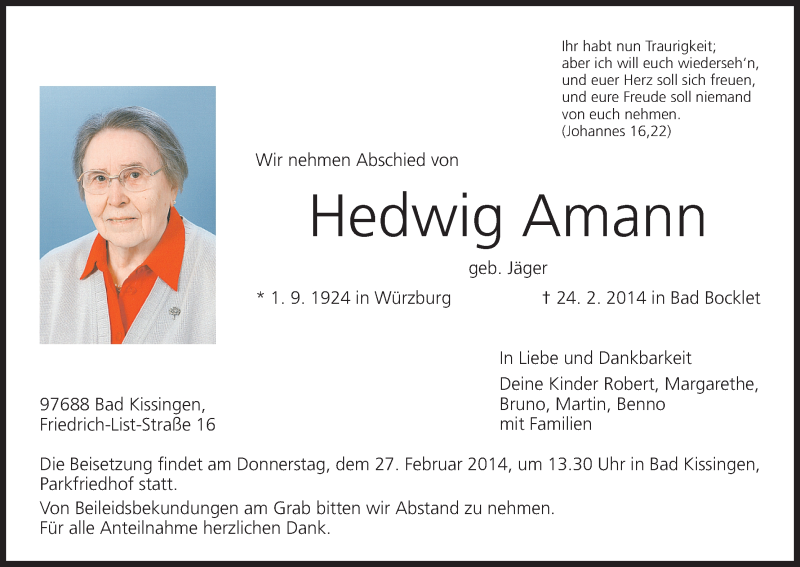  Traueranzeige für Hedwig Amann vom 26.02.2014 aus MGO