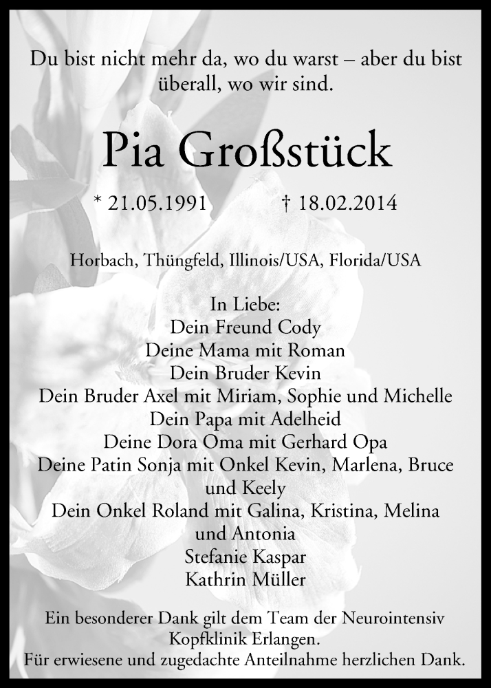  Traueranzeige für Pia Großstück vom 26.02.2014 aus MGO