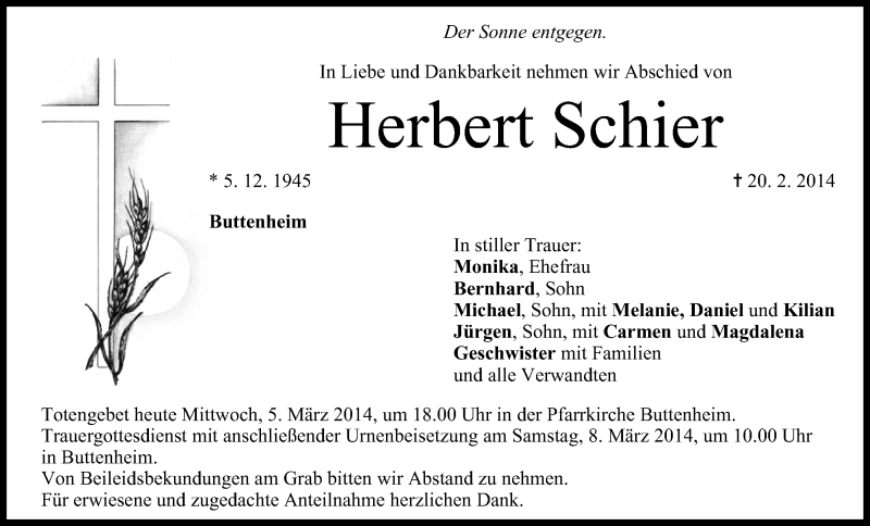  Traueranzeige für Herbert Schier vom 05.03.2014 aus MGO