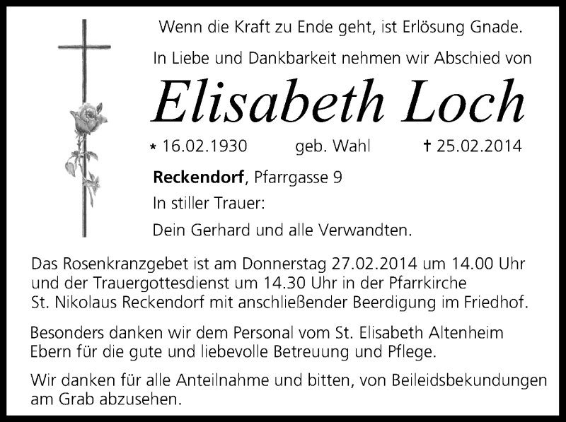  Traueranzeige für Elisabeth Loch vom 26.02.2014 aus MGO