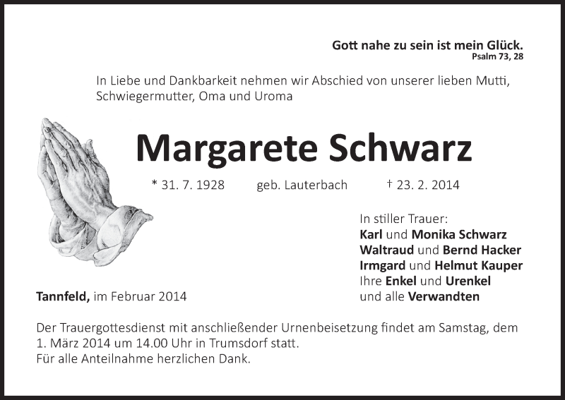  Traueranzeige für Margarete Schwarz vom 27.02.2014 aus MGO