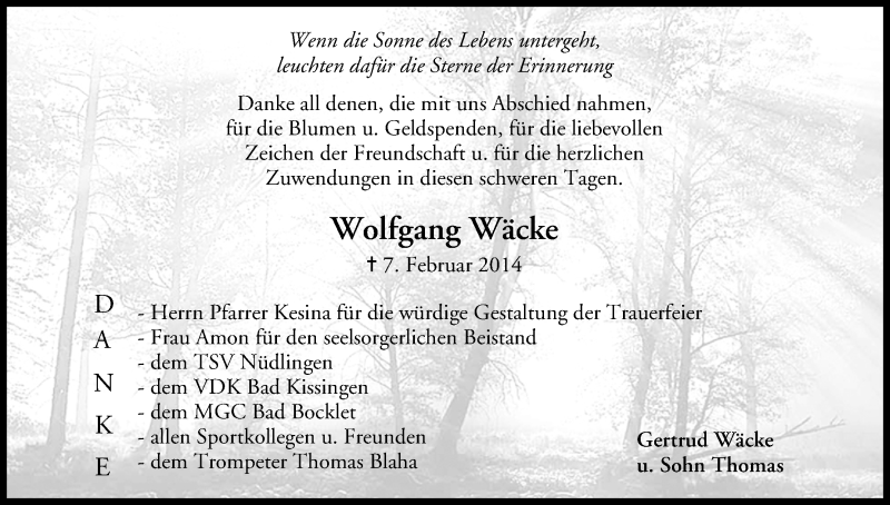 Traueranzeige für Wolfgang Wäcke vom 01.03.2014 aus MGO