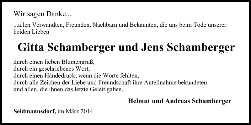  Traueranzeige für Gitta und Jens Schamberger vom 01.03.2014 aus MGO