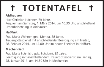 Anzeige von Totentafel vom 28.02.2014 von MGO
