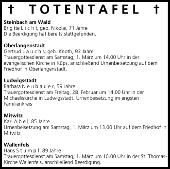 Anzeige von Totentafel vom 27.02.2014 von MGO