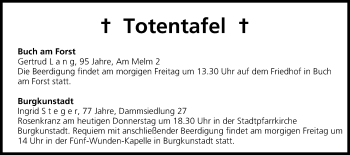 Anzeige von Totentafel vom 27.02.2014 von MGO