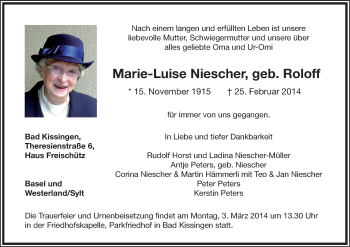 Anzeige von Marie-Luise Niescher von MGO