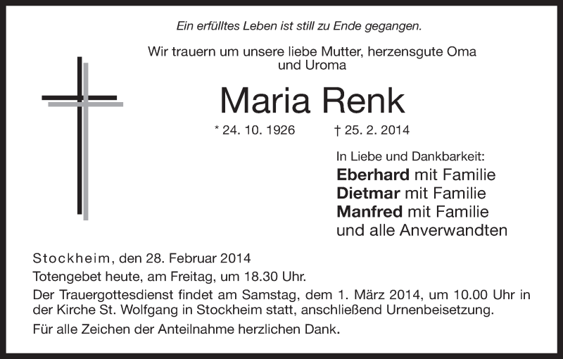  Traueranzeige für Maria Renk vom 28.02.2014 aus MGO