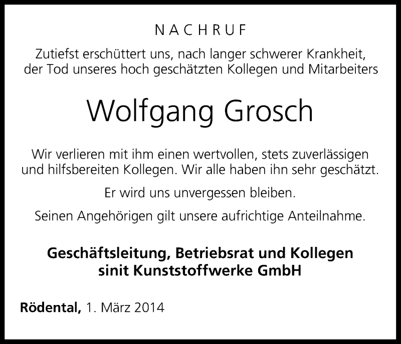  Traueranzeige für Wolfgang Grosch vom 01.03.2014 aus MGO