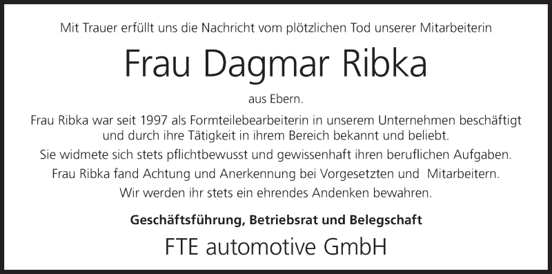  Traueranzeige für Dagmar Ribka vom 01.03.2014 aus MGO