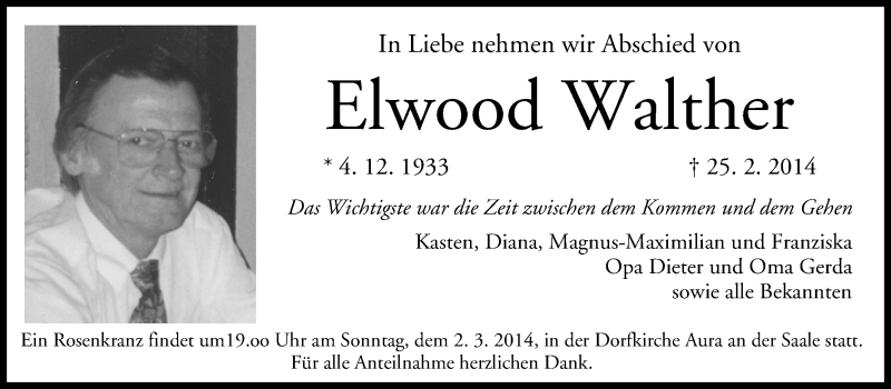  Traueranzeige für Elwood Walther vom 01.03.2014 aus MGO