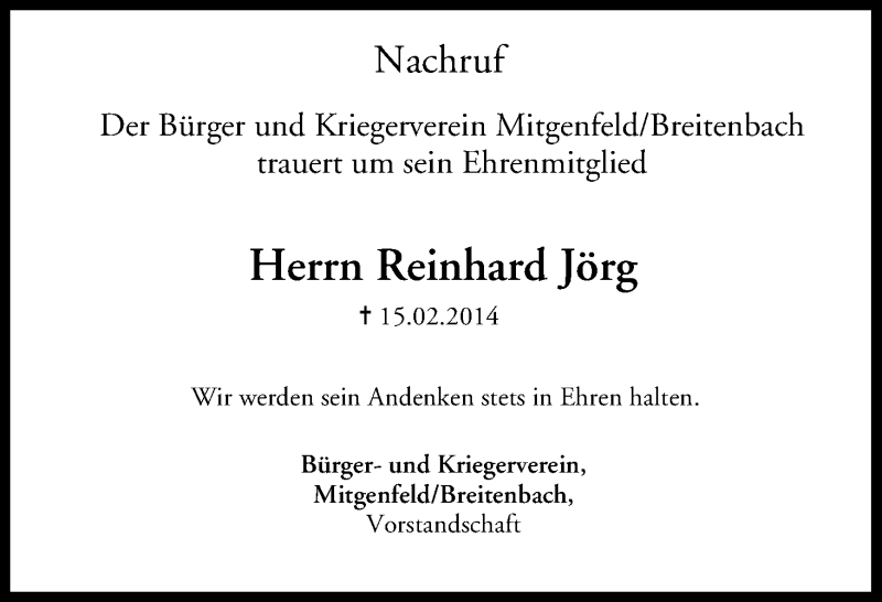  Traueranzeige für Reinhard Jörg vom 01.03.2014 aus MGO