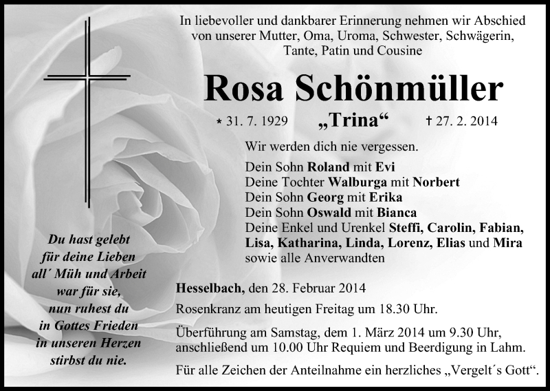  Traueranzeige für Rosa Schönmüller vom 28.02.2014 aus MGO