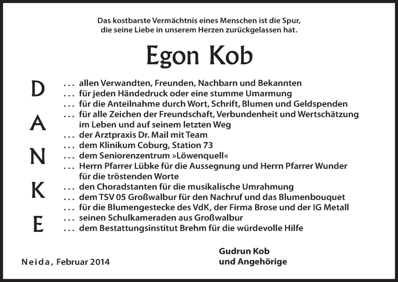  Traueranzeige für Egon Kob vom 01.03.2014 aus MGO