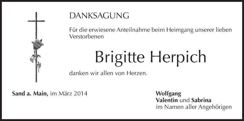  Traueranzeige für Brigitte Herpich vom 03.03.2014 aus MGO