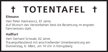 Anzeige von Totentafel vom 03.03.2014 von MGO