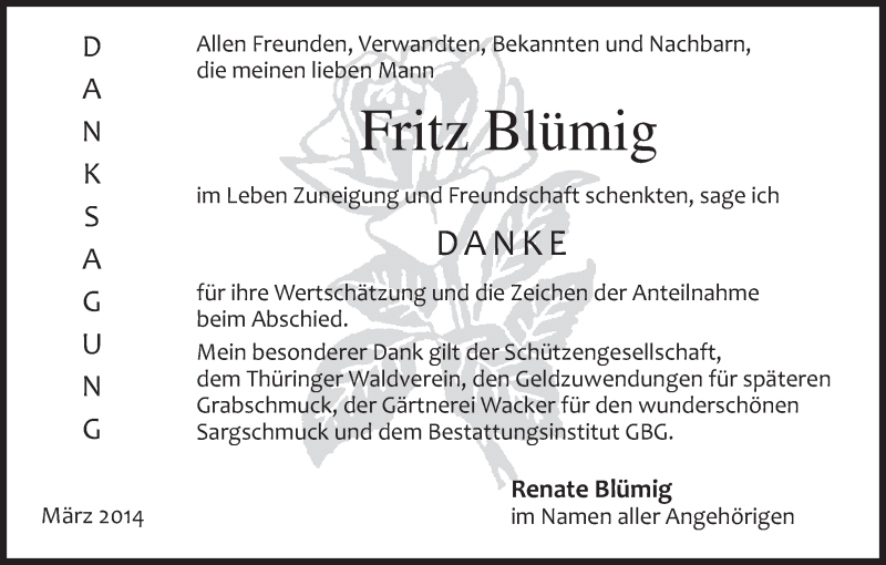  Traueranzeige für Fritz Blümig vom 01.03.2014 aus MGO