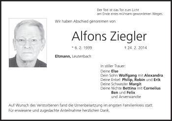 Anzeige von Alfons Ziegler von MGO