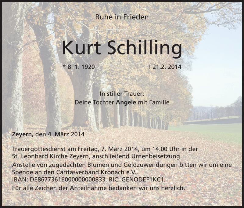  Traueranzeige für Kurt Schilling vom 04.03.2014 aus MGO