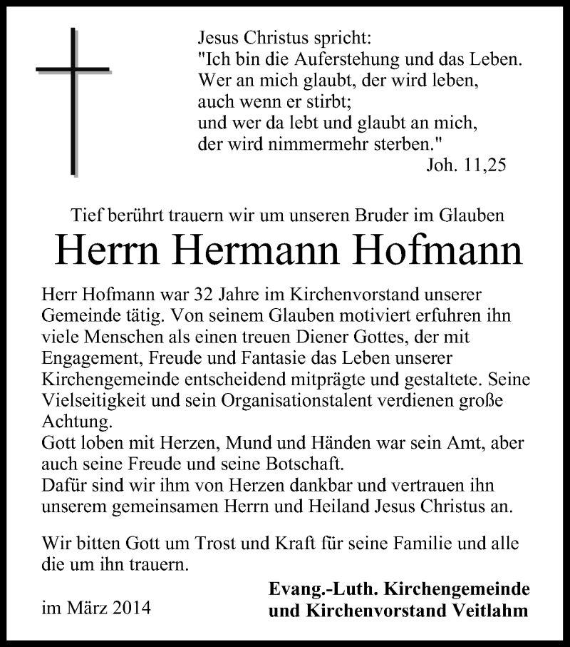  Traueranzeige für Hermann Hofmann vom 03.03.2014 aus MGO