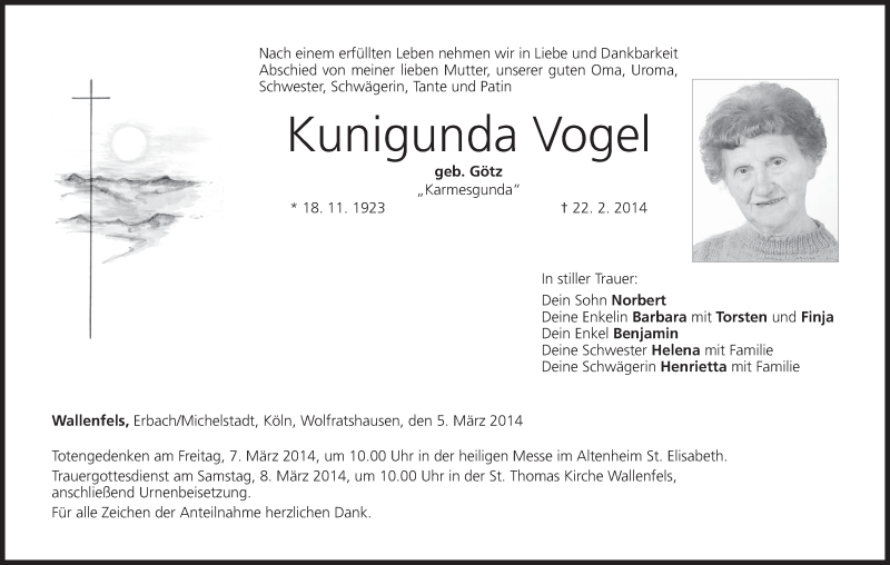  Traueranzeige für Kunigunda Vogel vom 05.03.2014 aus MGO
