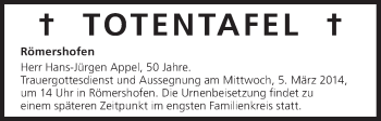 Anzeige von Totentafel vom 04.03.2014 von MGO