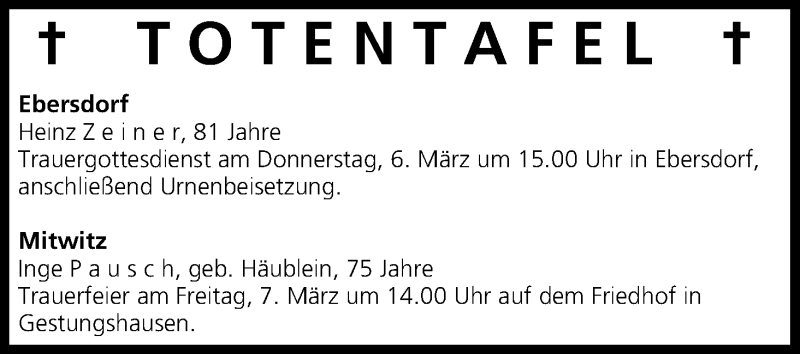  Traueranzeige für Totentafel vom 04.03.2014 vom 04.03.2014 aus MGO