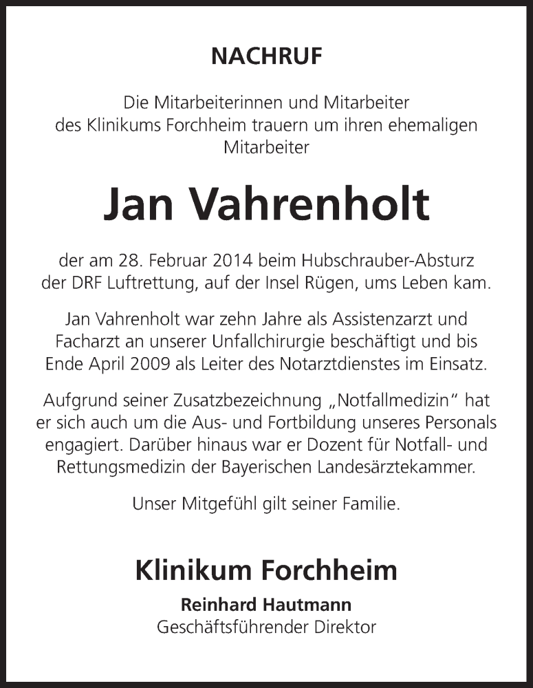  Traueranzeige für Jan Vahrenholt vom 04.03.2014 aus MGO
