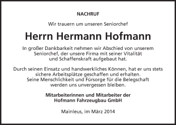 Anzeige von Hermann Hofmann von MGO