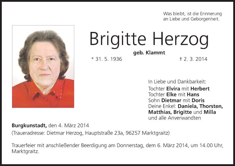  Traueranzeige für Brigitte Herzog vom 04.03.2014 aus MGO