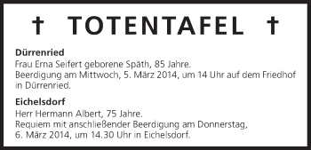 Anzeige von Totentafel vom 05.03.2014 von MGO