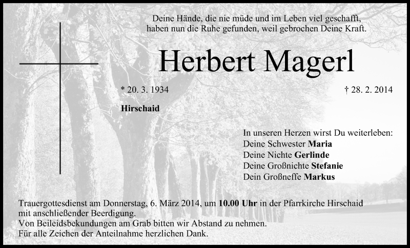  Traueranzeige für Herbert Magerl vom 05.03.2014 aus MGO