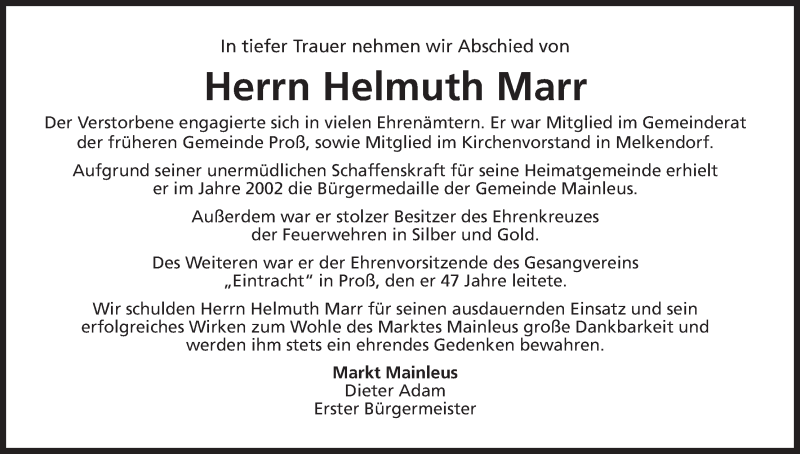  Traueranzeige für Helmuth Marr vom 05.03.2014 aus MGO