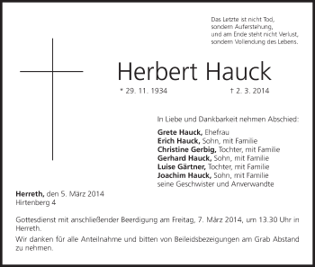 Anzeige von Herbert Hauck von MGO