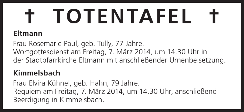  Traueranzeige für Totentafel vom 06.03.2014 vom 06.03.2014 aus MGO