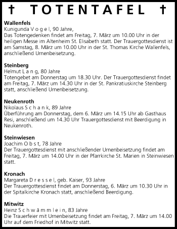Anzeige von Totentafel vom 06.03.2014 von MGO