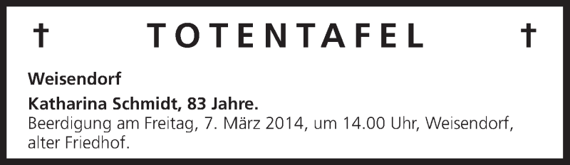  Traueranzeige für Totentafel vom 06.03.2014 vom 06.03.2014 aus MGO