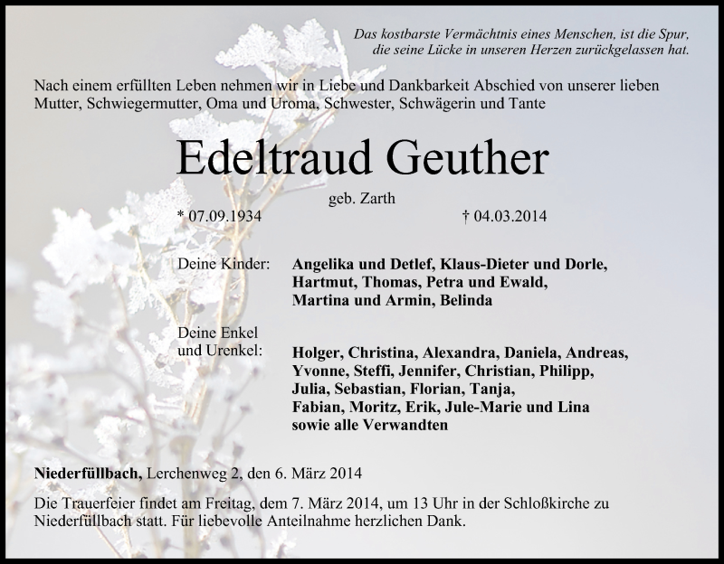  Traueranzeige für Edeltraud Geuther vom 06.03.2014 aus MGO