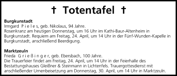 Anzeige von Totentafel vom 23.04.2015 von MGO