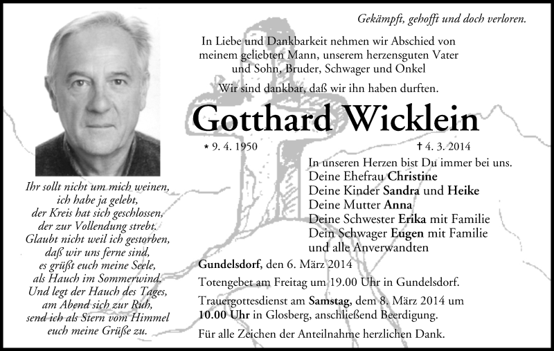  Traueranzeige für Gotthard Wicklein vom 06.03.2014 aus MGO